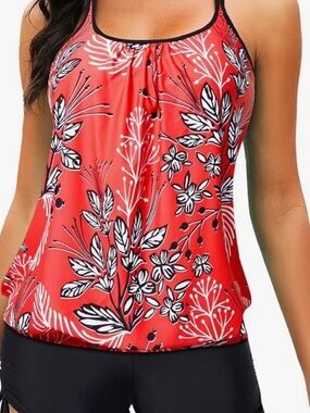 Yonique Red Floral Tankini Top with Black Shorts